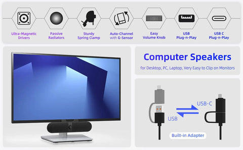 Desktop PC Speakers For Computer, Monitor Soundbar With Easy Volume Knob And Sturdy Clamp, Crystal Clear Audio And Solid Bass