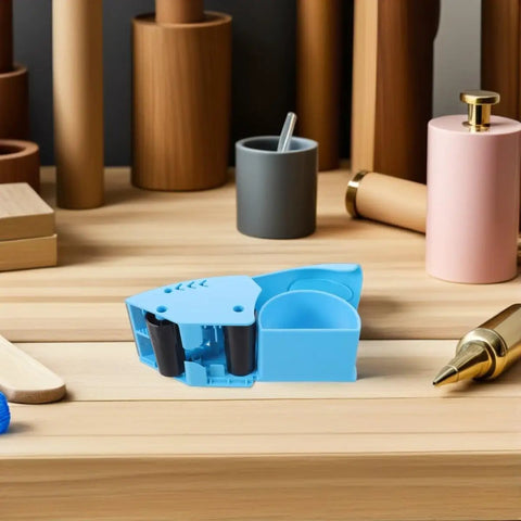 Ergonomic Packing Tape Dispenser And Cutter For Quick Box Sealing With Smooth Glide And Broad Tape Compatibility, blue plastic dispenser on wood