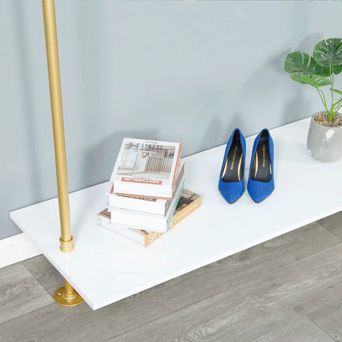 Hella Sturdy Two Tier Industrial Garment Rack With Thick Wood Shelf And Durable Metal Frame Wall Mounted Double Hanging Rods Clothes Storage Shelf For Home Or Boutique with books and blue shoes.