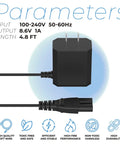 8.6V Pool Vacuum Charger For Pool Blaster Catfish Li And Water Tech Vac Cleaners Replacement Power Supply LC099-2SK detailing specifications, input 100-240V, output 8.6V 1A, 4.8ft cable length.