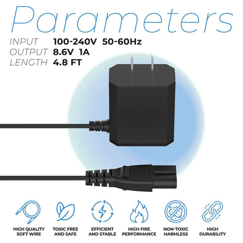 8.6V Pool Vacuum Charger For Pool Blaster Catfish Li And Water Tech Vac Cleaners Replacement Power Supply LC099-2SK detailing specifications, input 100-240V, output 8.6V 1A, 4.8ft cable length.