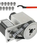 Slick 4 Axis Cnc Rotary Table With Beefy Stepper Motor And Hollow Shaft Kit Plus 11 Pc Er32 Spring Collet Set features stepper motor and collets