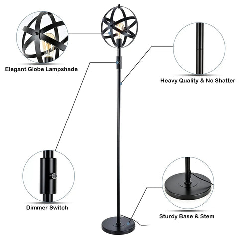Diagram of Globe Industrial Floor Lamp With Dimmable On Off Switch, Rustic Spherical Standing Light with annotations for each feature.
