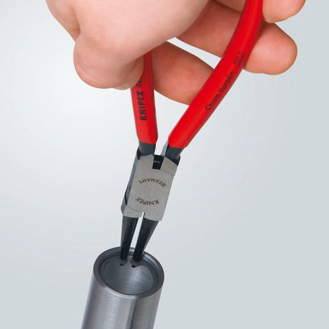 Internal Circlip Pliers Straight For Bore Diameters From 0.75 Inches Up To 2.359 Inches One Piece Forged Tips With Non Slip For Installing Or Removing Snap Rings In Bores Pro Grade shown being used on metal bore