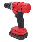 Rig Ready Dual Battery Cordless Drill Driver Kit With 25 Plus 1 Clutch Settings And 25 Newton Meter Torque For Heavy Duty Home Repairs And Weekend Warrior DIY Builds With US Plug, showing red and black cordless drill side view.