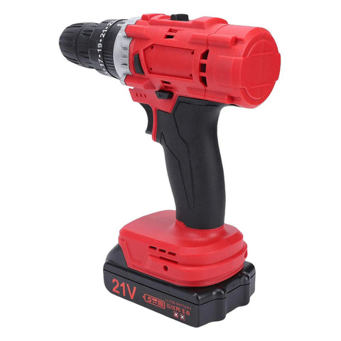 Rig Ready Dual Battery Cordless Drill Driver Kit With 25 Plus 1 Clutch Settings And 25 Newton Meter Torque For Heavy Duty Home Repairs And Weekend Warrior DIY Builds With US Plug, showing red and black cordless drill side view.