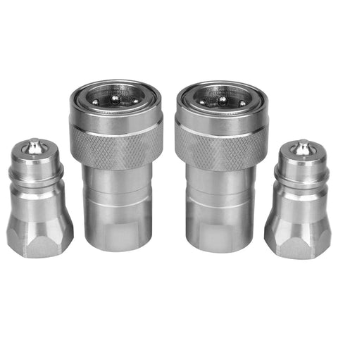 Set of four silver 1/2 in NPT ISO 5675 poppet-style tractor hydraulic quick-connect couplers with dust caps