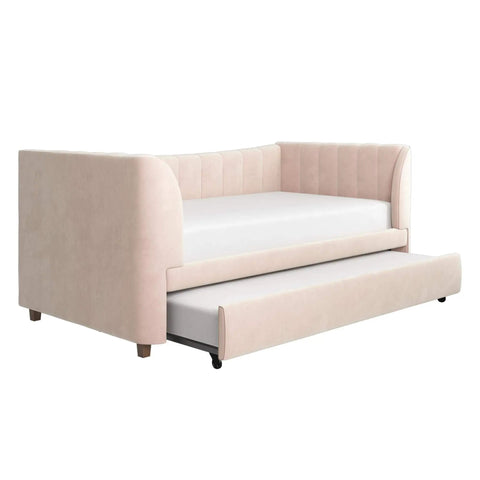 Valentina Twin Upholstered Daybed With Trundle In Pink Velvet For Sleepovers And Quick Guest Beds Soft Plush Look With Easy Roll Out Trundle