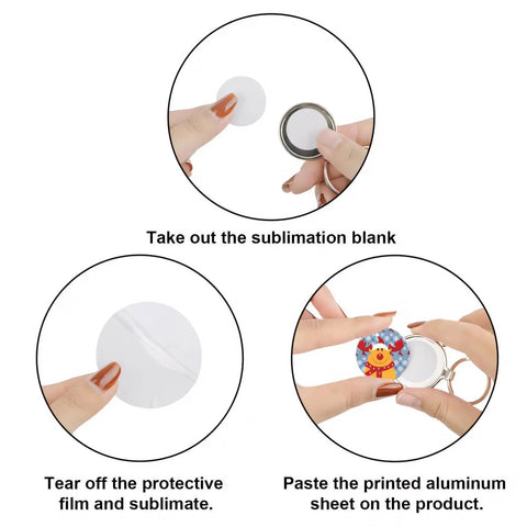Steps to use 100 Pcs 1.5 Inch Round Sublimation Blank Aluminum Sheets for Heat Transfer Projects, showing how to prepare and apply.