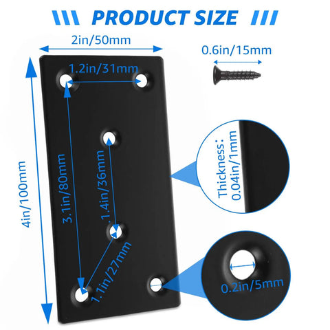 30 Pack 4x2 Inch Black Flat Mending Plates For Wood Repair Heavy Duty Stainless Steel Furniture Joint Connectors Includes Hardware size specifications
