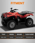 Honda FourTrax 300 TRX300FW 4x4 ATV 1988-2000 fitment image, red body with black trim and racks, shown against fitment info table.