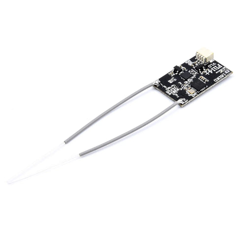 Fli14+ 14CH FPV Receiver With RSSI OSD on white background, showing compact design and dual antennas for Flysky AFHDS-2A transmitters.
