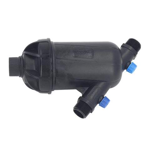 Irrigation Filter with 155 Mesh Screen for Drip Systems and Hydroponics, erosion proof compact plastic, black body, side view