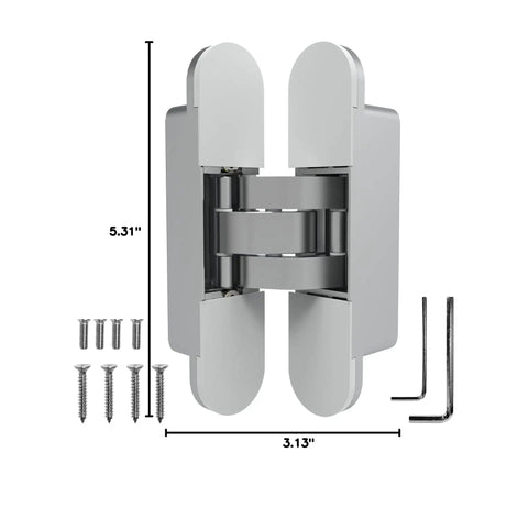 Heavy Duty Concealed Door Hinge Delivers True 180 Degree Swing For Interior Rooms with ball bearings and screws for installation.