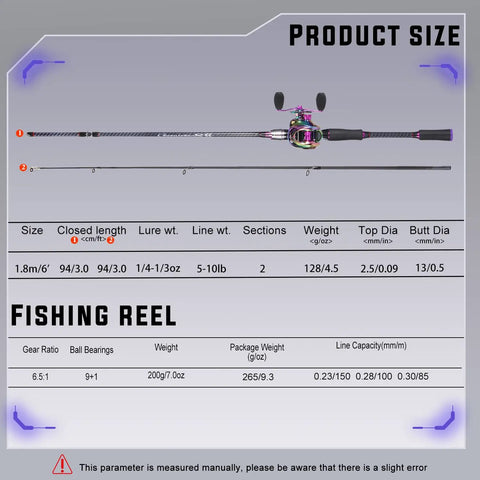 Two Piece Baitcasting Fishing Combo With Casting Reel Six Foot Purple Carbon And Glass Fiber Rods Right Handed size chart