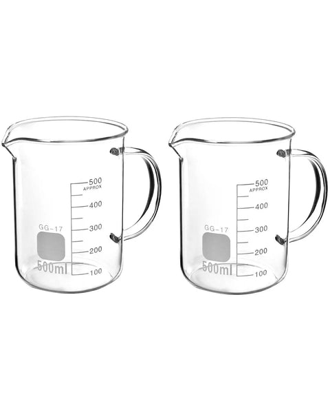Lit 500ml Borosilicate Glass Beaker With Handle And Pouring Spout Durable Lab Cup 2 Pack with clear scale visible, side view