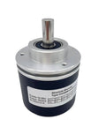 12-Bit Multiturn Absolute Rotary Encoder With RS422 Interface, 4096 Counts Per Revolution, top view showing label and connectors