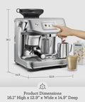 Barista Touch Impress Espresso Machine With Real Time Guidance And Silky Microfoam Turbo 3 Second ThermoJet Heat Up Impress Puck System For Home Barista Quality Brews In Brushed Stainless Steel BES881BSS with dimensions 16.1” x 12.9” x 14.9”. Side view displaying steam wand and control panel.