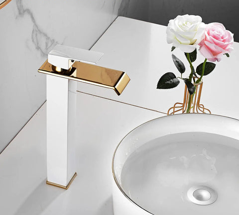 White Gold Waterfall Vessel Sink Faucet With Tall Deck Mount And One Hole Single Handle Vanity Lavatory Tap For Modern Baths Dope Finish