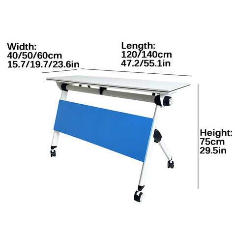 Grab This Game Changing Folding Computer Desk Featuring Heavy Duty Steel Frame And Scratch Resistant Top For Super Convenient Mobile Office Workstations In Bright Blue Color, showing dimensions.