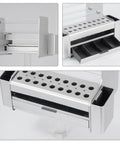 Beefy Portable Tool Organizer With Roomy Sliding Drawer For Screwdrivers And Tweezers - Slick Desktop Storage Rack For Garage Workbench And Shop Rig Keep The Setup Square, showing silver framework and sliding tray.
