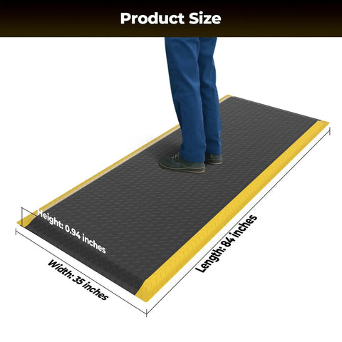 Ergonomic Anti Fatigue Mat For Workshop 84 By 35 Inches Cushioned Memory Foam Floor Mat with person standing on it