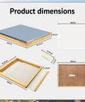 All In One 10 Frame Beehive Parts Kit dimensions showing top cover, inner cover, bottom board, and queen excluder measurements