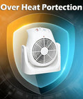 White 2 In 1 Heater And Fan Combo Portable Desk And Floor Heater With 45 Degree Tilt Air Circulator displayed with overheat protection