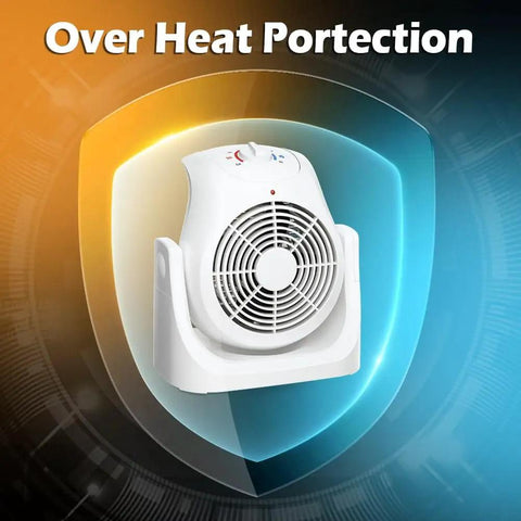 White 2 In 1 Heater And Fan Combo Portable Desk And Floor Heater With 45 Degree Tilt Air Circulator displayed with overheat protection