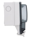 Side view of Outdoor Smart Outlet With Slick App Remote Control And Programmable Timer IP66 Weatherproof Power Socket for Patio and Backyard.