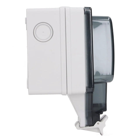 Side view of Outdoor Smart Outlet With Slick App Remote Control And Programmable Timer IP66 Weatherproof Power Socket for Patio and Backyard.