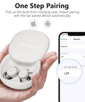 Hand holding open white charging case with earbuds, displaying wireless connection on smartphone. Get The Most Comfortable Wireless Sleep Earbuds.