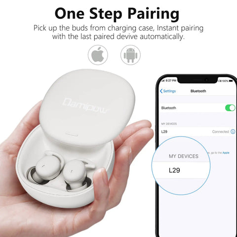 Hand holding open white charging case with earbuds, displaying wireless connection on smartphone. Get The Most Comfortable Wireless Sleep Earbuds.