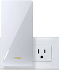 WiFi 6 Range Extender With AiMesh, AX3000 Dual Band Speeds Up To 3000 Mbps plugged into wall socket, front view.