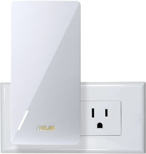 WiFi 6 Range Extender With AiMesh, AX3000 Dual Band Speeds Up To 3000 Mbps plugged into wall socket, front view.