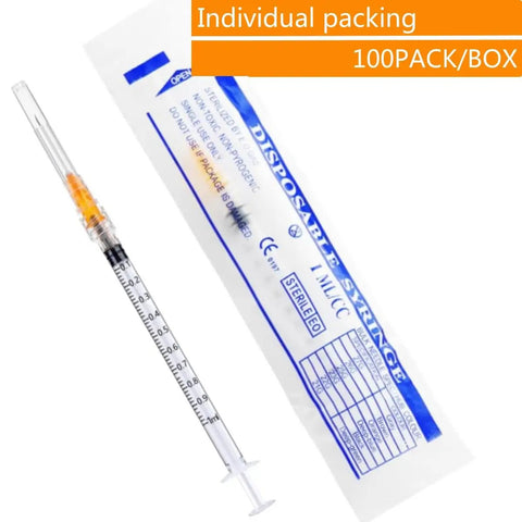 100 Pack 1mL 25G 5/8 Inch Lab Syringes With Luer Lock, Individually Sealed Packaging, Ideal For Industrial Dispensing And Precise Liquid Measuring. Syringe and sealed pouch