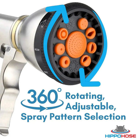 Heavy Duty Metal Garden Hose Nozzle Featuring Nine Versatile Spray Patterns For Outdoor Yard Irrigation Rust Resistant Drip Free Design Fits Standard Hoses Like A Cinch Today, showing adjustable spray pattern dial.