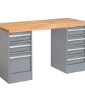 Heavy Duty Industrial Pedestal Workbench With Seven Locking Drawers, Thick Maple Butcher Block Top, Built Like A Tank Steel Base, Dead Smooth Gliding Rollers, Perfect Pick For Garage Bosses Or Pro Workshop Crews In Sharp Gray, front view.