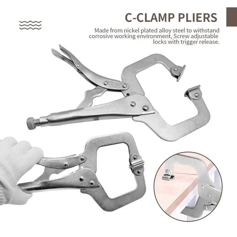 Six Inch Locking C Clamps With Swivel Pads, Heavy Duty Locking Pliers Set shown clamping a wooden surface in a workshop setting.