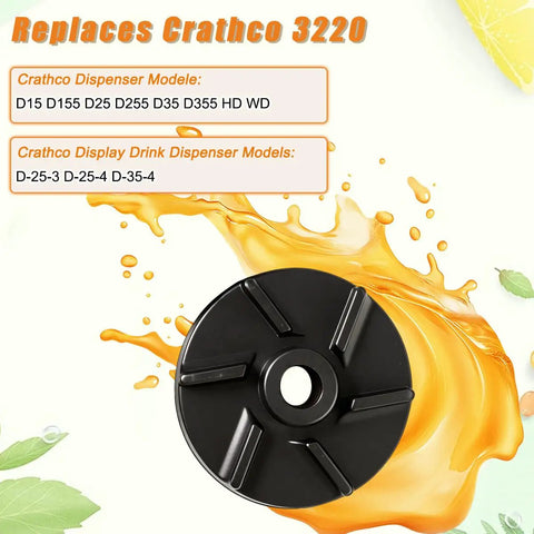 Premium Magnetic Impeller And Heavy Duty Bearing Housing For Cold Drink Machines Keeps Beverages Rolling Smooth And Stops Chunky Residue In A Dope Three Pack black impeller for Crathco dispensers with drink splash background.