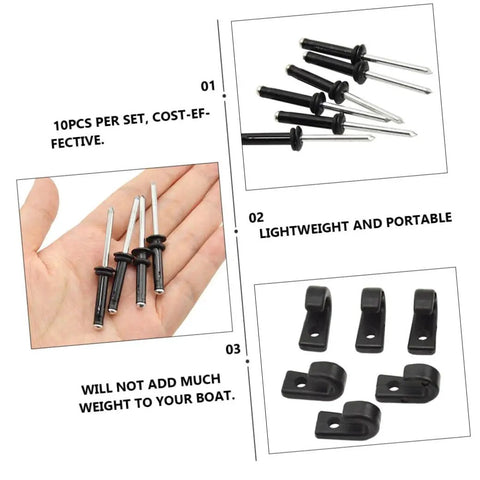 Tough As Nails J Hooks Bungee Tie Down Kit With Rivets And Washers 12 Piece showing black steel fasteners and washers for boats.