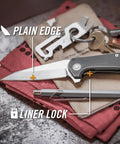 Fastball Slim Folding Knife With Lock Release featuring a 3 Inch S30V Wharncliffe Blade on a desk with keys and tools