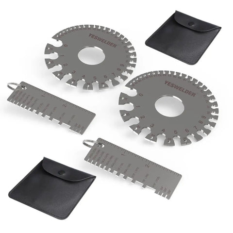 Round Dual Sided Metal Sheet Gauge Set, Stainless Steel Thickness Gauge, Two Pack Welding Gauge For Sheet Metal, displayed with cases.