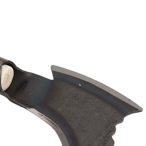 Close-up of sharp blade on Mean Manganese Steel Double Scythe Sickle for weeding and outdoor mowing durable hand tool