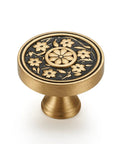 Brushed Brass Cabinet Knobs Set Of 2, Round Gold Carved Drawer Pulls For Kitchen And Bathroom Cabinets, top view showing pattern