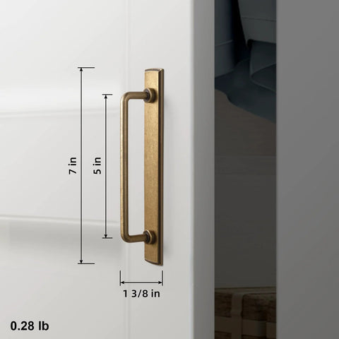 Side view of Two Pack 5 Inch Center To Center Antique Brass Cabinet Bar Pulls With Backplates on white cabinet door