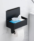 Super Handy Stainless Steel Wall Mounted Toilet Paper Holder With Hidden Shelf To Stash Flushable Wipes And Feminine Products For A Clean Tidy Bathroom Look with open shelf displaying wipes and toilet paper roll.