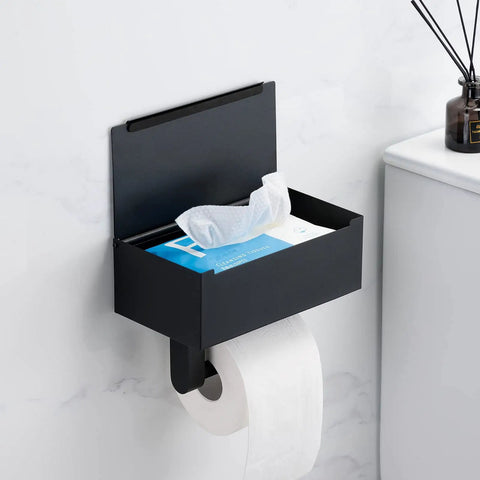 Super Handy Stainless Steel Wall Mounted Toilet Paper Holder With Hidden Shelf To Stash Flushable Wipes And Feminine Products For A Clean Tidy Bathroom Look with open shelf displaying wipes and toilet paper roll.