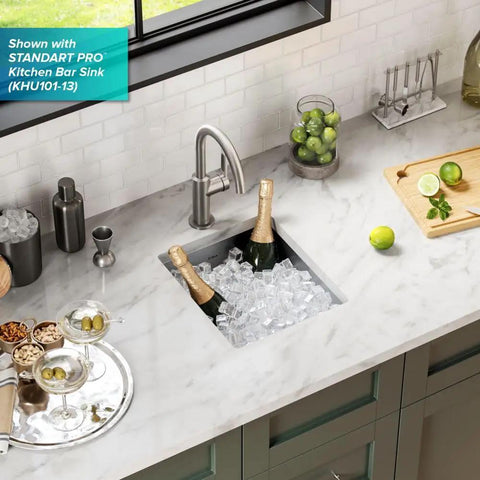 Oletto Single Handle Kitchen Bar Faucet in Spot Free Stainless Steel installed in modern bar, 12 inch height, 6.5 inch spout reach