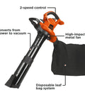 3 In 1 Electric Leaf Blower Vacuum And Mulcher With 12 Amp Power, showing 2-speed control and high-impact metal fan BV6000